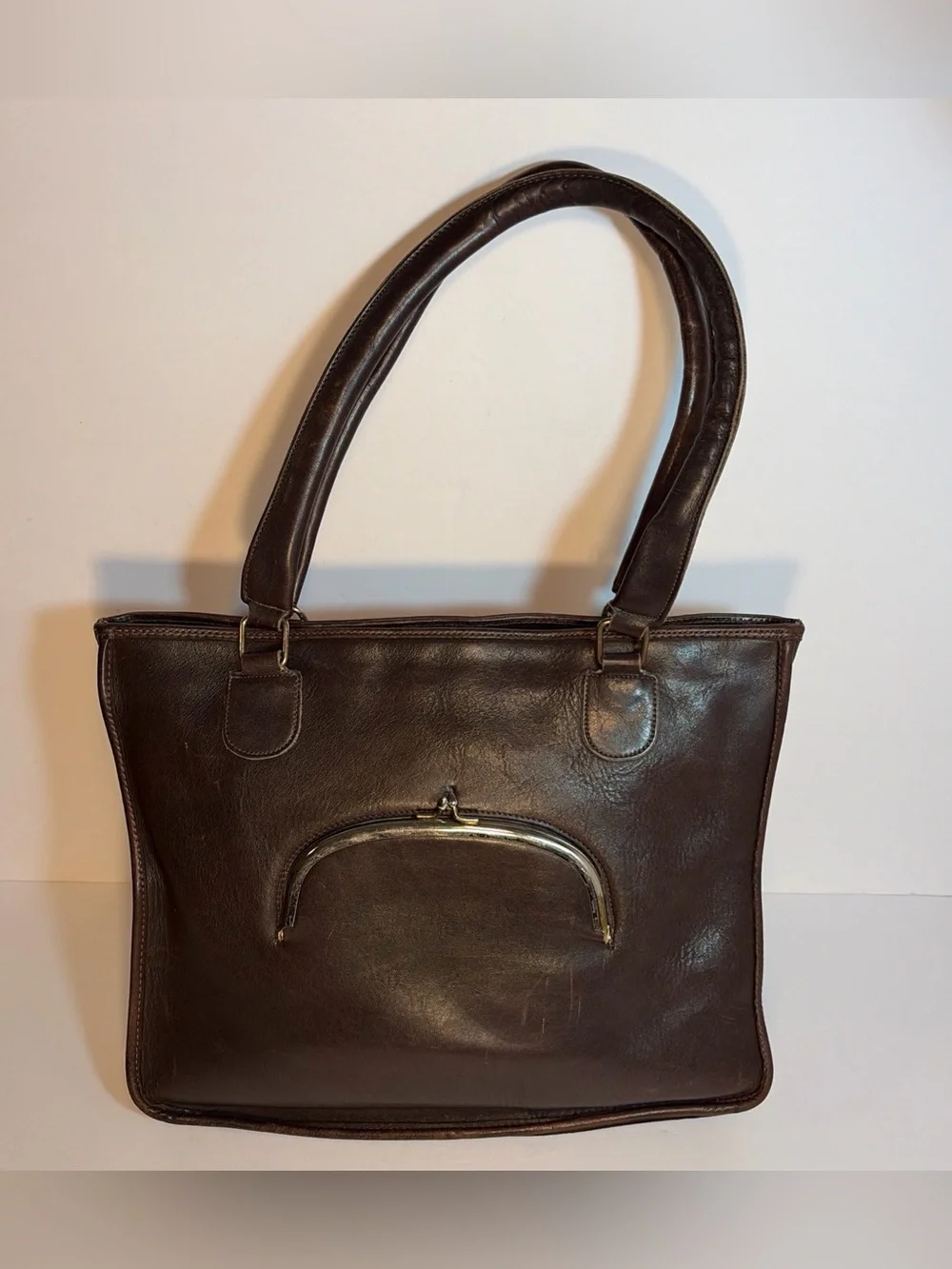 Vintage 1970’s Cashin-Inspired Dark Brown Slim Leather Tote Handbag Kiss Lock